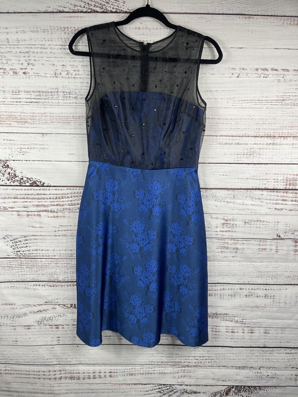 Cynthia Steffe Dress Women's 4 Blue Floral Beaded Illusion Fit Flare Knee Length